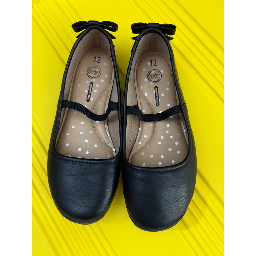 Wonder Nation Girls Black Ballet Flats Bow Back Memory Foam Size 12 Dress Shoes